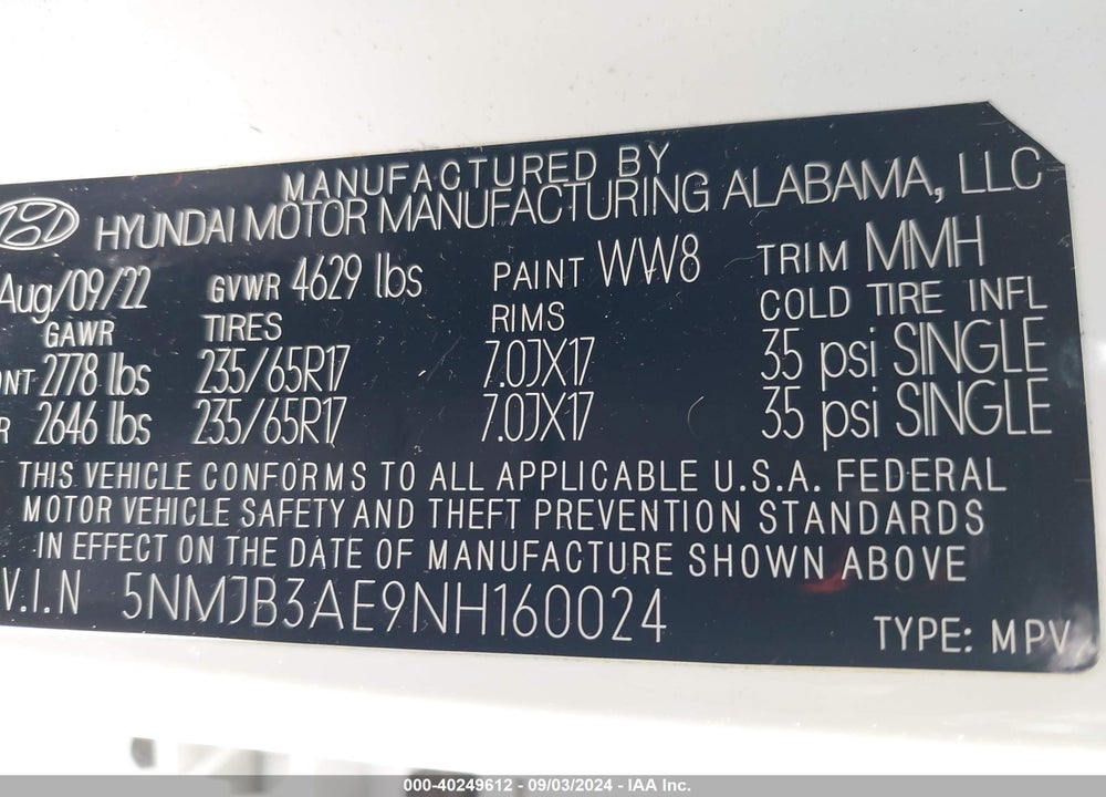 2022 HYUNDAI TUCSON SEL VIN: 5NMJB3AE9NH160024