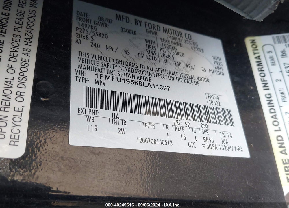 2008 FORD EXPEDITION LIMITED VIN: 1FMFU19568LA11397