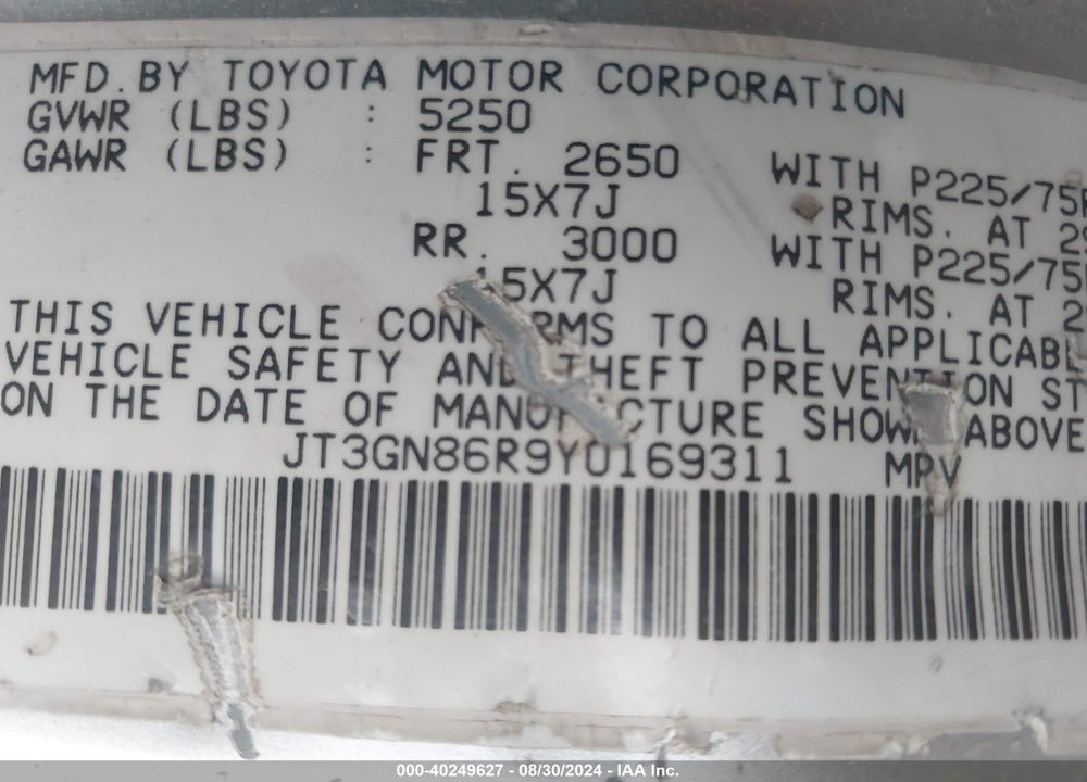 2000 TOYOTA 4RUNNER SR5 V6 VIN: JT3GN86R9Y0169311
