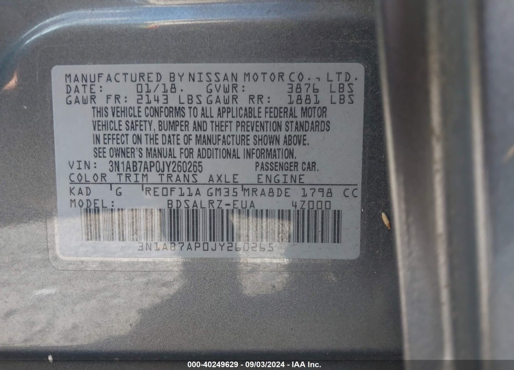 2018 NISSAN SENTRA SR VIN: 3N1AB7AP0JY260265