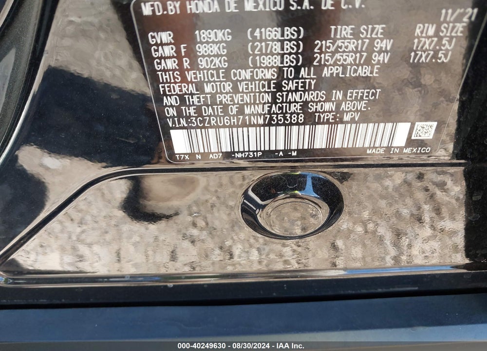 2022 HONDA HR-V AWD EX-L VIN: 3CZRU6H71NM735388