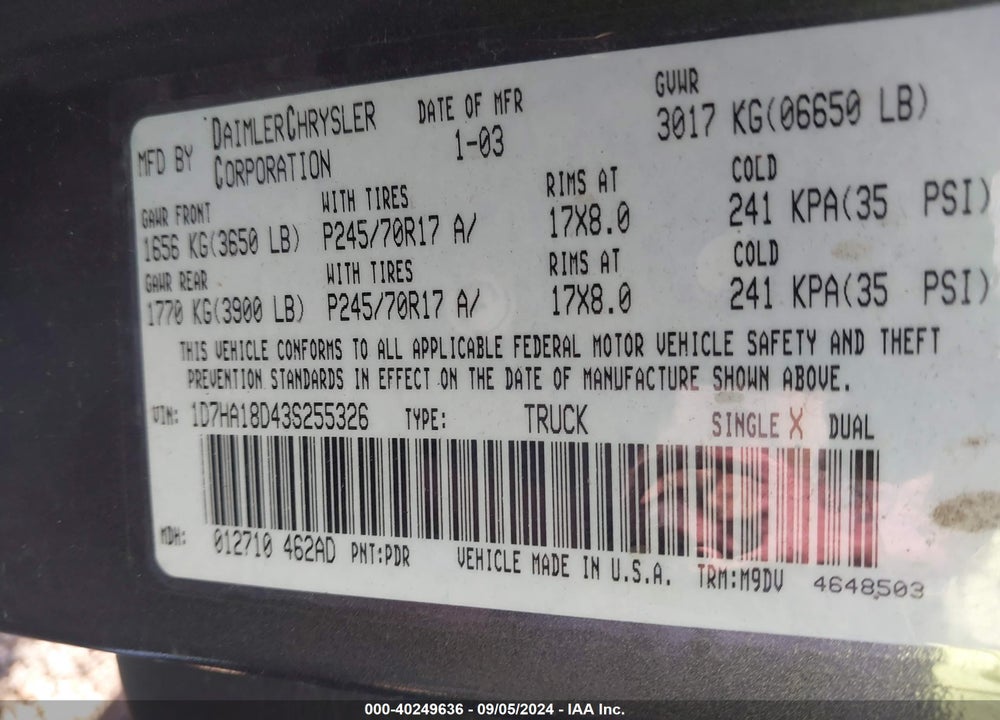 2003 DODGE RAM 1500 VIN: 1D7HA18D43S255326