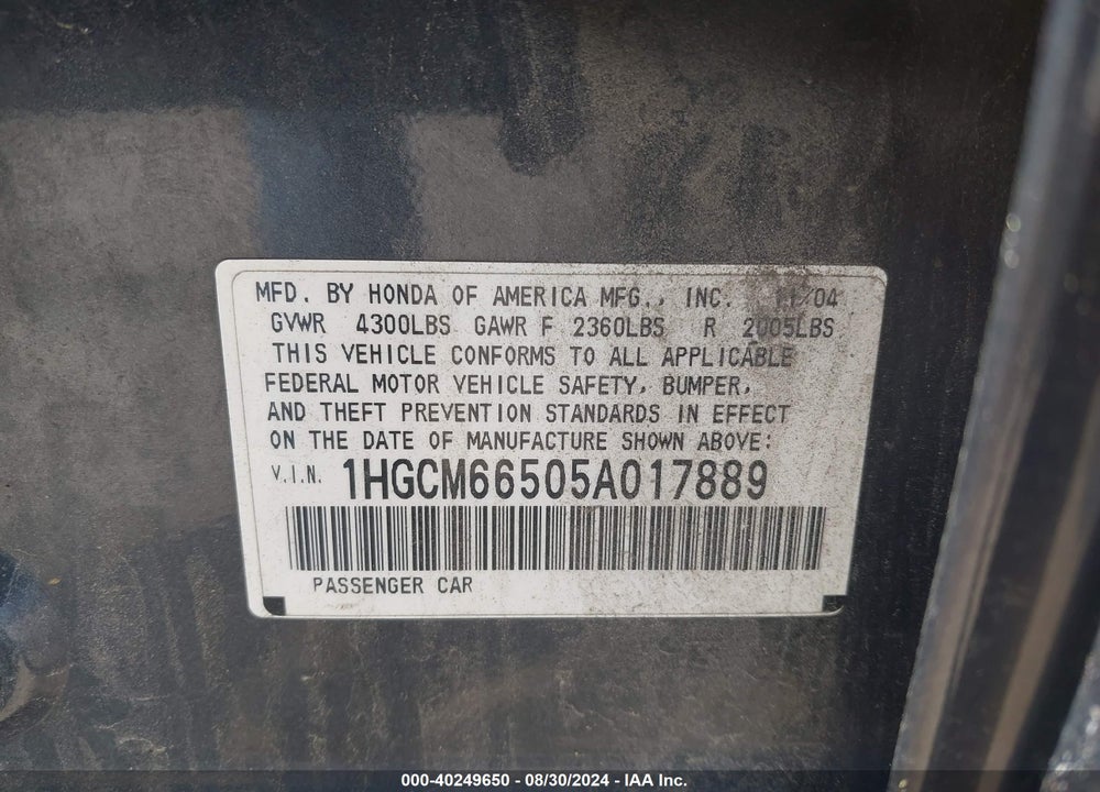 2005 HONDA ACCORD 3.0 EX VIN: 1HGCM66505A017889