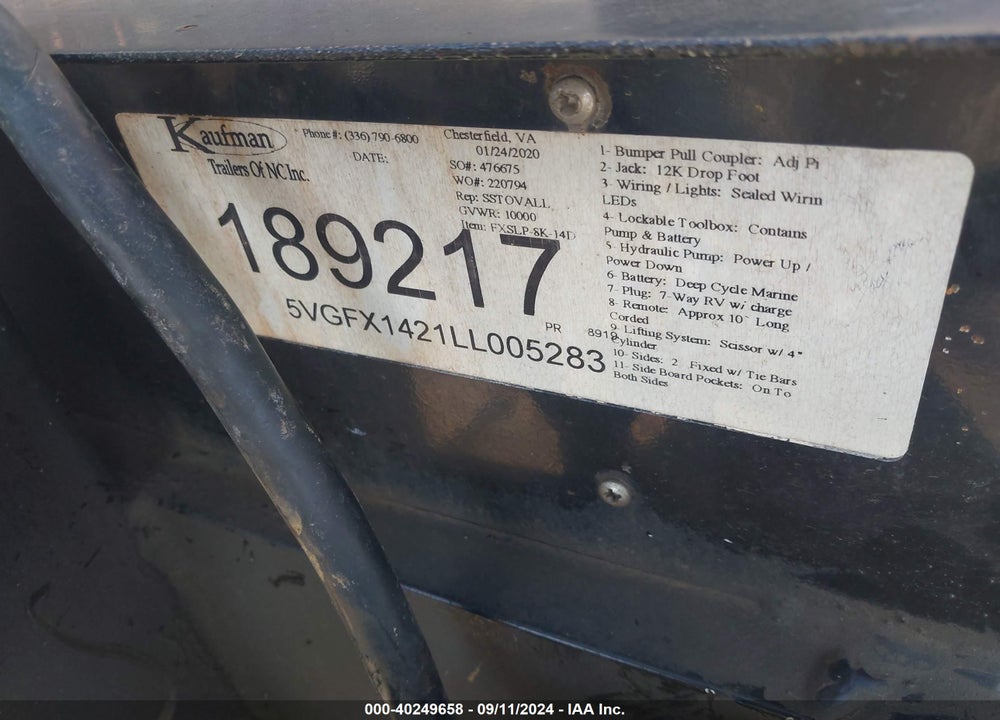 2020 KAUFMAN TRAILERS DUMP VIN: 5VGFX1421LL005283