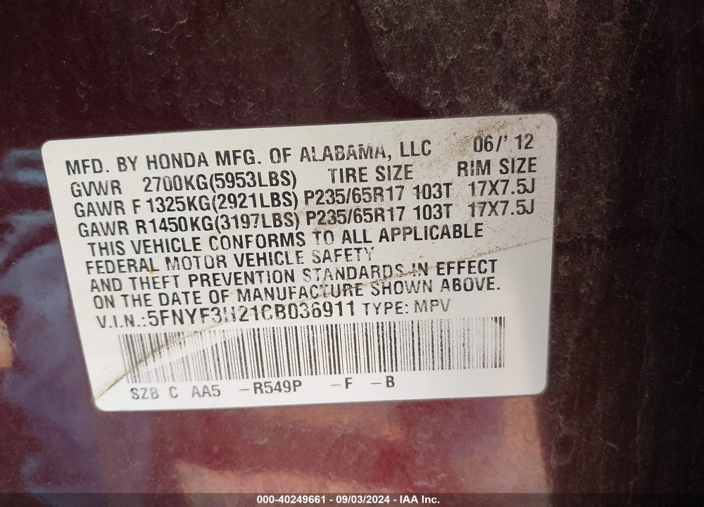 2012 HONDA PILOT LX VIN: 5FNYF3H21CB036911