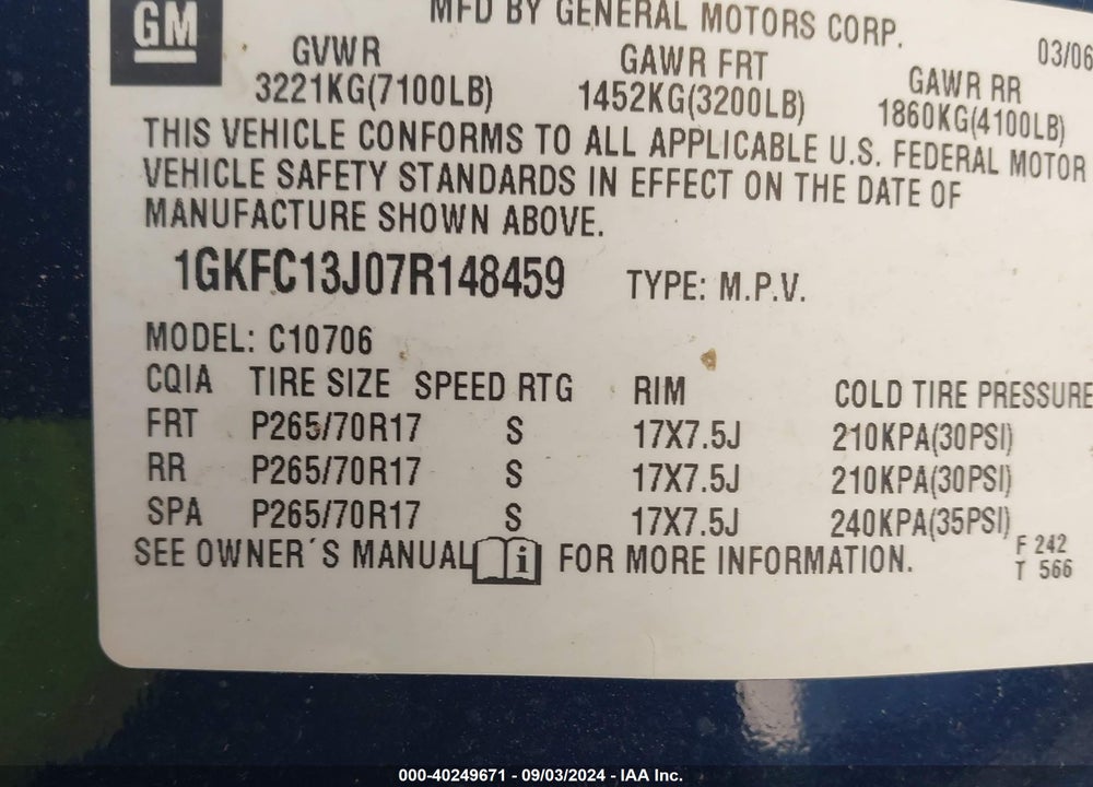 2007 GMC YUKON SLT VIN: 1GKFC13J07R148459
