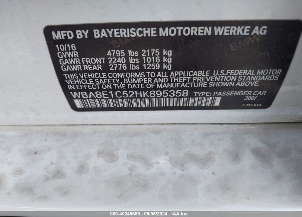 2017 BMW 330E IPERFORMANCE VIN: WBA8E1C52HK895358