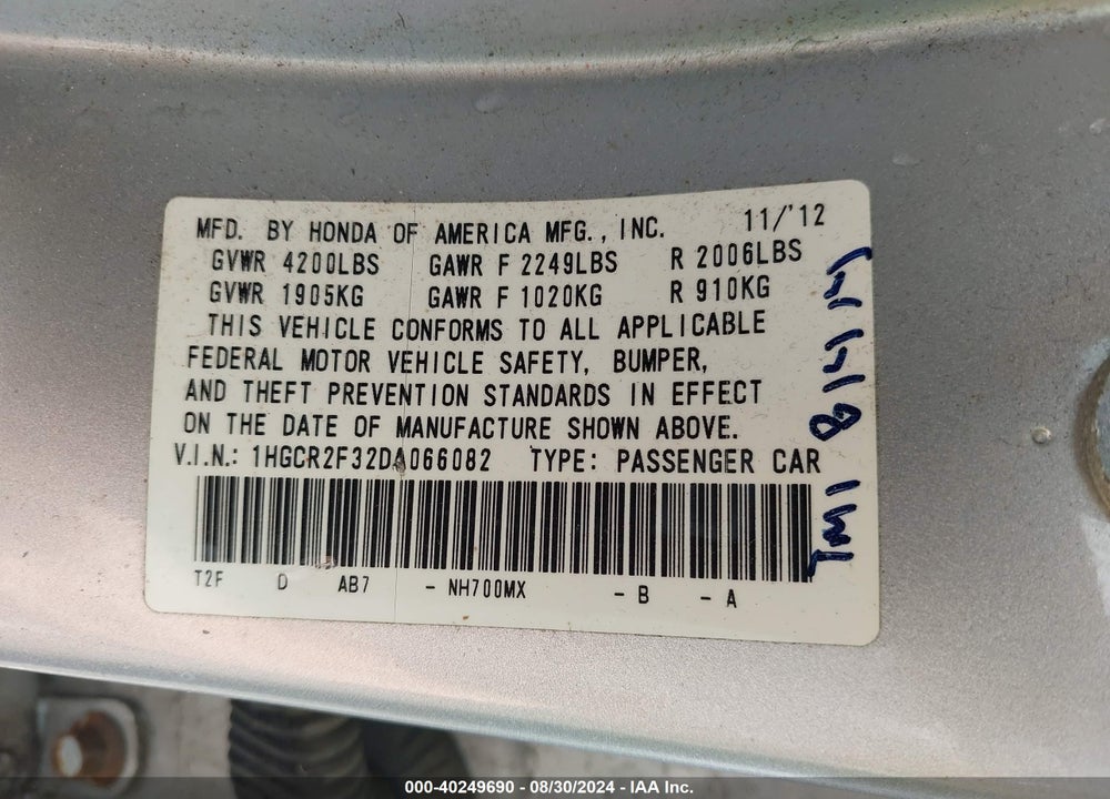 2013 HONDA ACCORD LX VIN: 1HGCR2F32DA066082