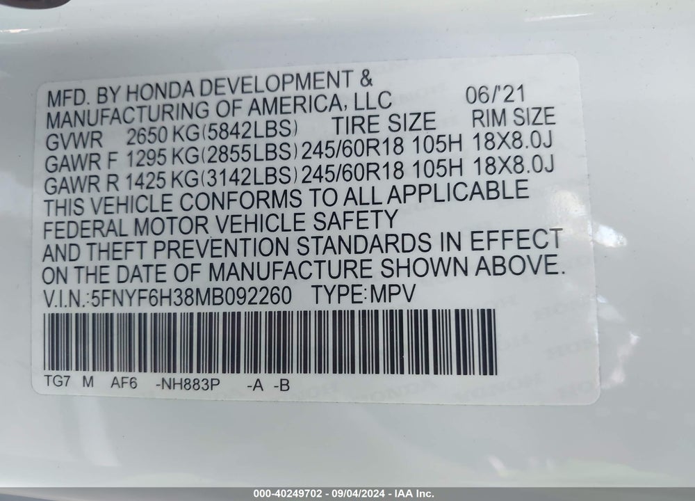 2021 HONDA PILOT AWD EX VIN: 5FNYF6H38MB092260