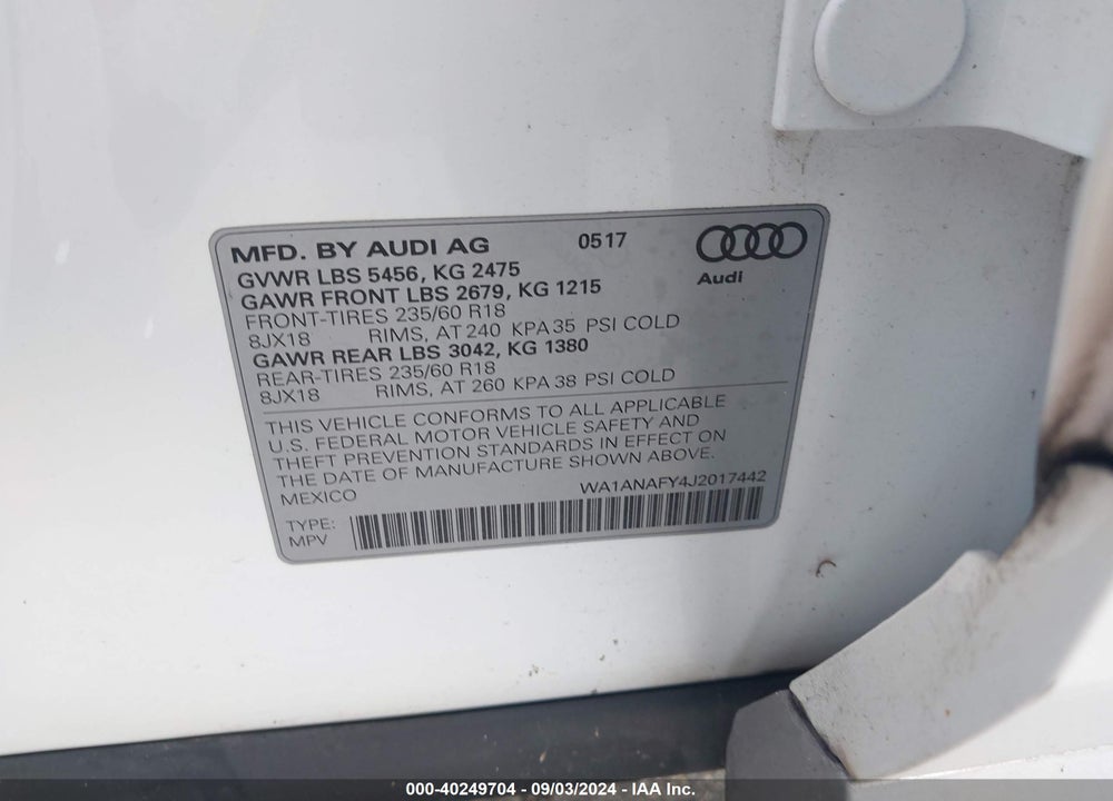 2018 AUDI Q5 2.0T PREMIUM/2.0T TECH PREMIUM VIN: WA1ANAFY4J2017442