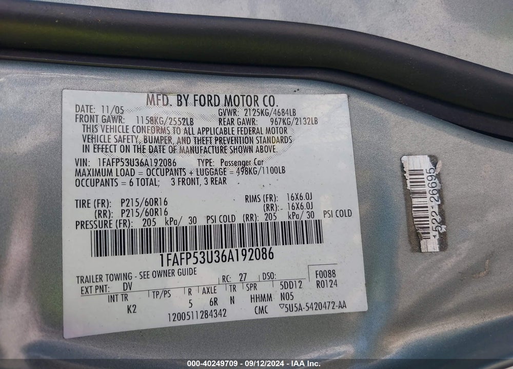 2006 FORD TAURUS SE VIN: 1FAFP53U36A192086