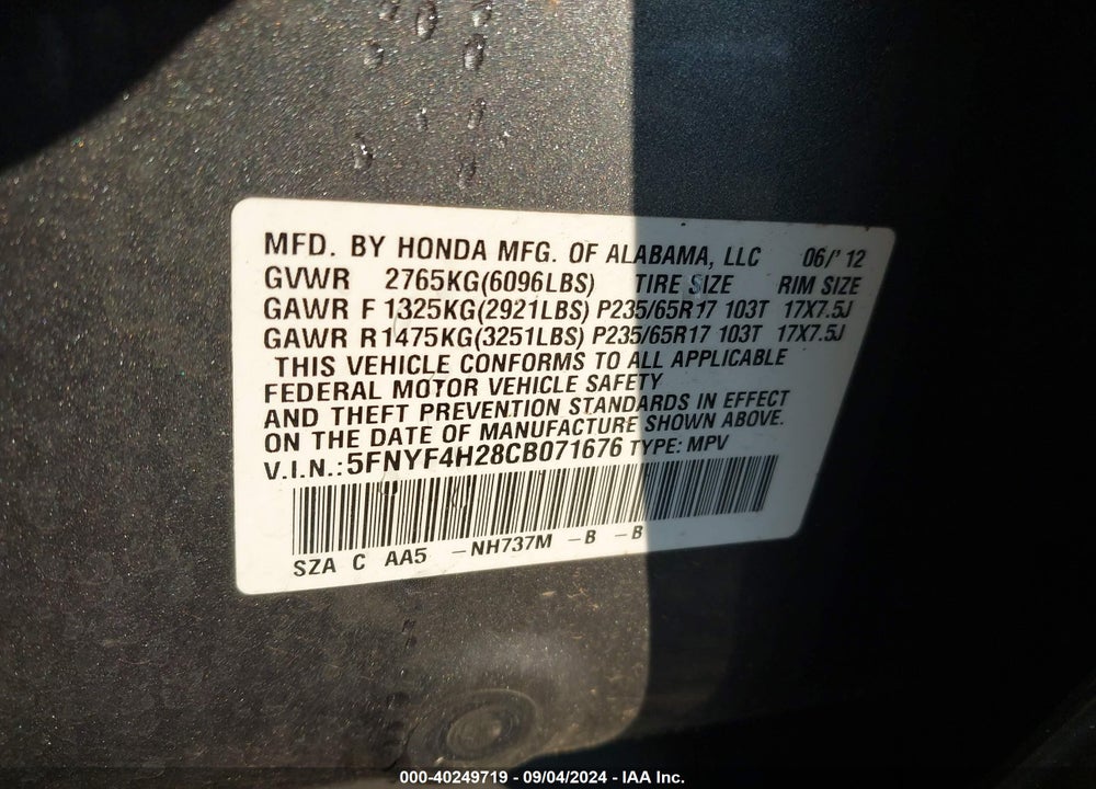 2012 HONDA PILOT LX VIN: 5FNYF4H28CB071676