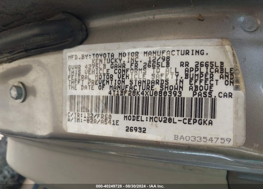 1999 TOYOTA CAMRY LE V6/XLE V6 VIN: 4T1BF28K4XU080393