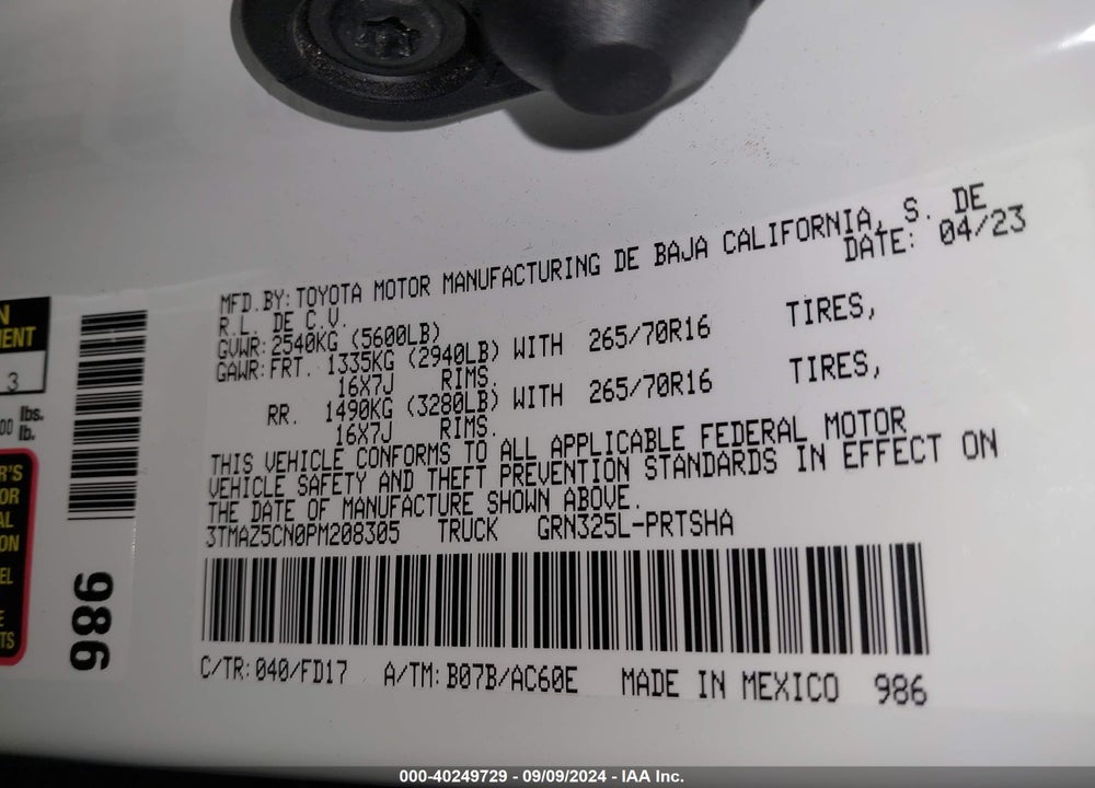2023 TOYOTA TACOMA TRD OFF ROAD VIN: 3TMAZ5CN0PM208305