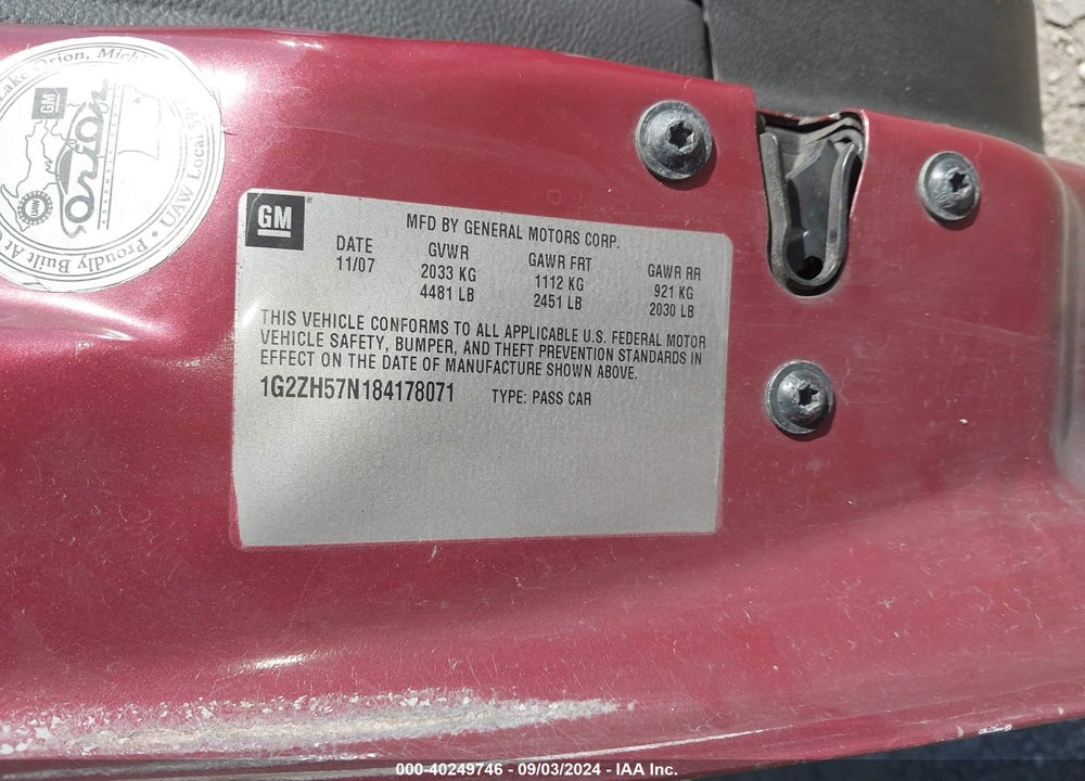 2008 PONTIAC G6 GT VIN: 1G2ZH57N184178071