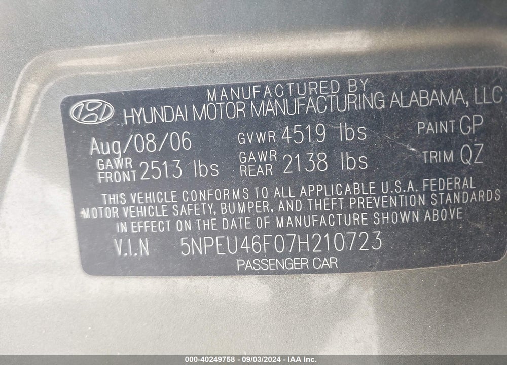 2007 HYUNDAI SONATA LIMITED/SE V6 VIN: 5NPEU46F07H210723