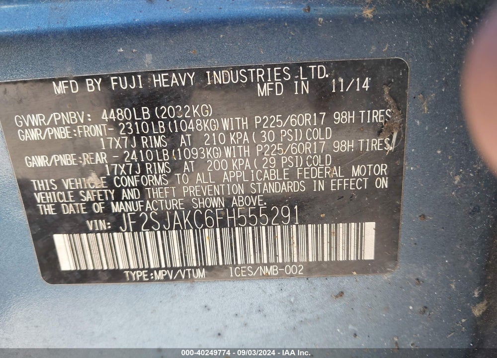 2015 SUBARU FORESTER VIN: JF2SJAKC6FH555291