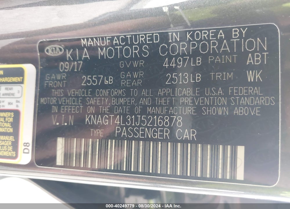 2018 KIA OPTIMA LX VIN: KNAGT4L31J5216878