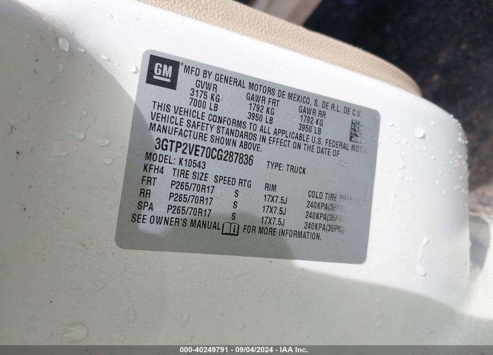 2012 GMC SIERRA 1500 SLE VIN: 3GTP2VE70CG287836