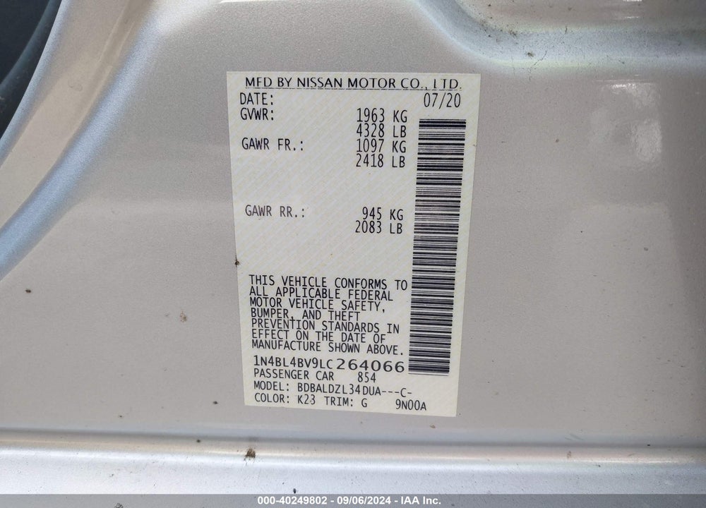 2020 NISSAN ALTIMA S FWD VIN: 1N4BL4BV9LC264066
