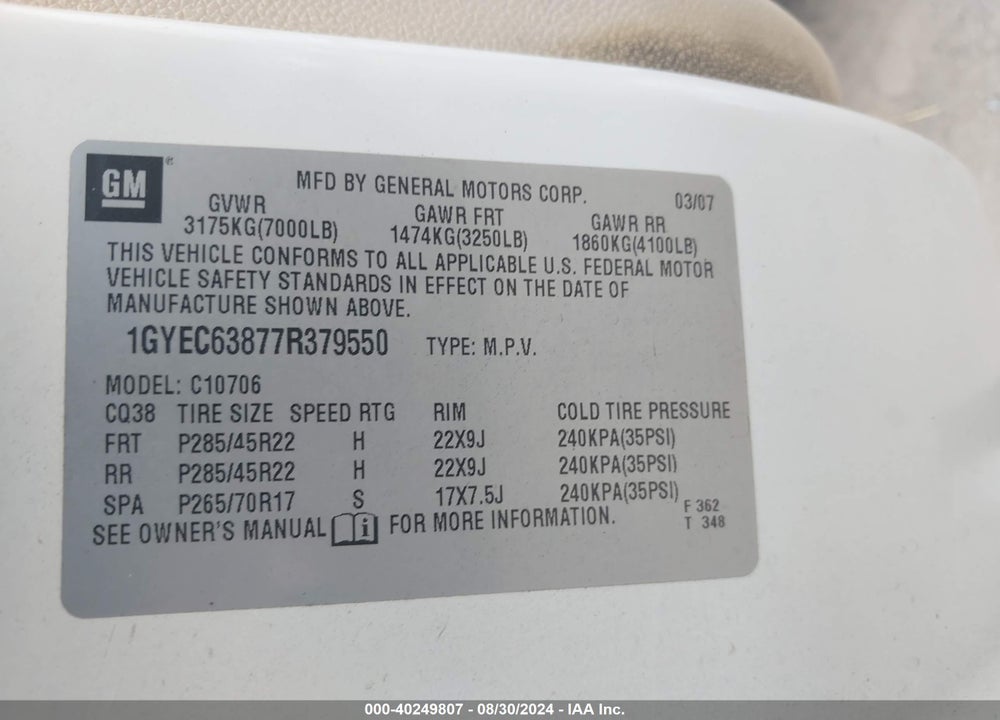 2007 CADILLAC ESCALADE STANDARD VIN: 1GYEC63877R379550