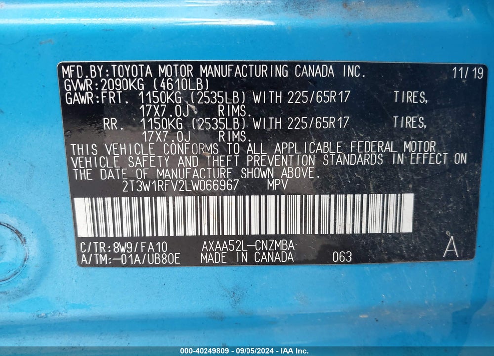 2020 TOYOTA RAV4 XLE VIN: 2T3W1RFV2LW066967