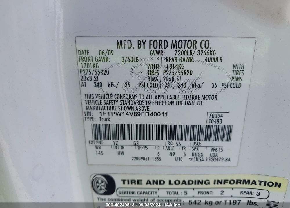 2009 FORD F-150 FX4/KING RANCH/LARIAT/PLATINUM/XL/XLT VIN: 1FTPW14V89FB40011