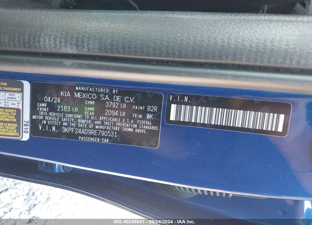 2024 KIA FORTE LXS VIN: 3KPF24AD9RE790531