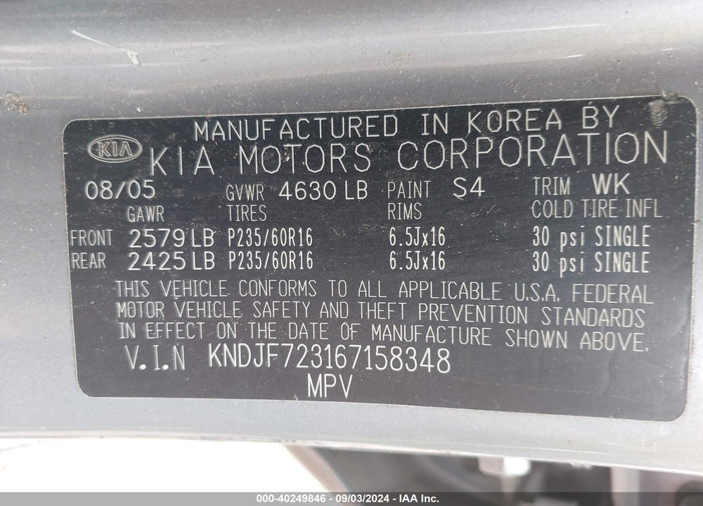 2006 KIA SPORTAGE EX V6/LX V6 VIN: KNDJF723167158348