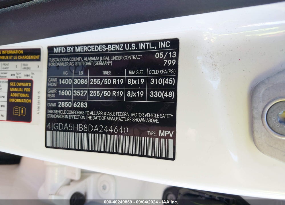 2013 MERCEDES-BENZ ML 350 4MATIC VIN: 4JGDA5HB8DA244640