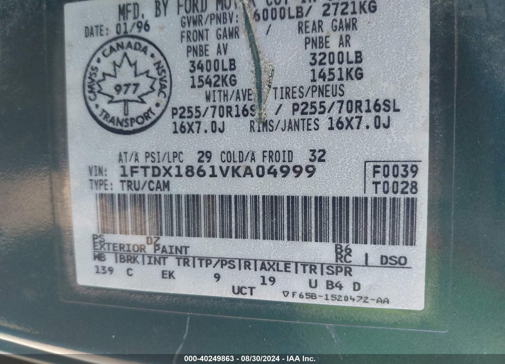 1997 FORD F-150 LARIAT/XL/XLT VIN: 1FTDX1861VKA04999