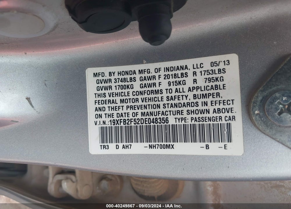 2013 HONDA CIVIC LX VIN: 19XFB2F52DE048356