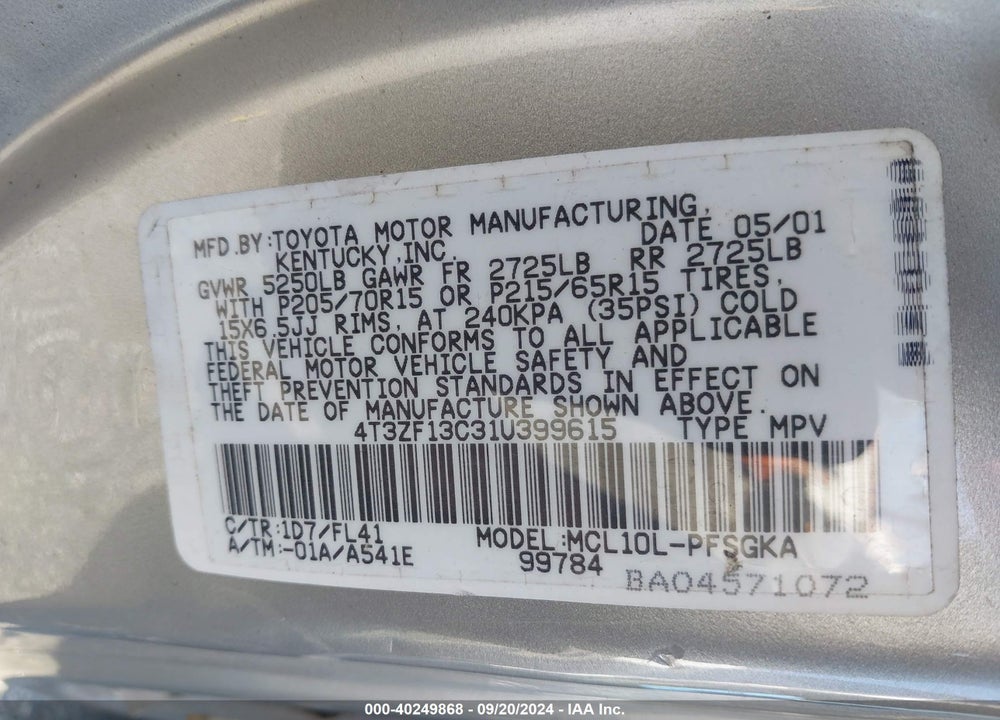 2001 TOYOTA SIENNA XLE VIN: 4T3ZF13C31U399615