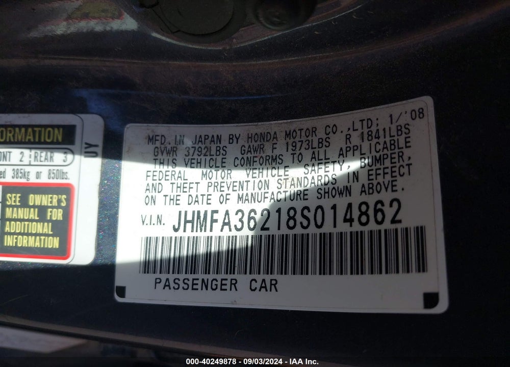 2008 HONDA CIVIC HYBRID VIN: JHMFA36218S014862