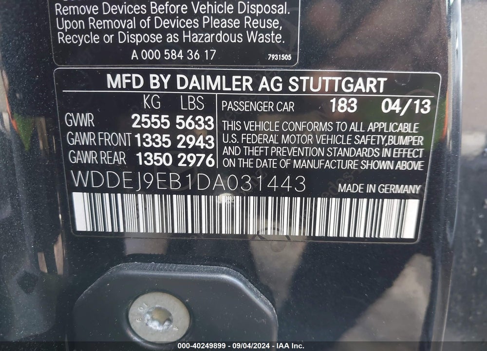 2013 MERCEDES-BENZ CL 550 4MATIC VIN: WDDEJ9EB1DA031443