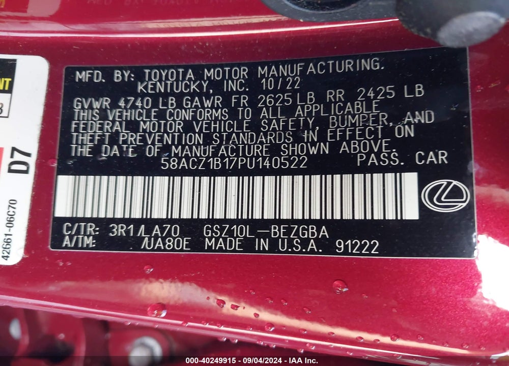 2023 LEXUS ES 350 VIN: 58ACZ1B17PU140522