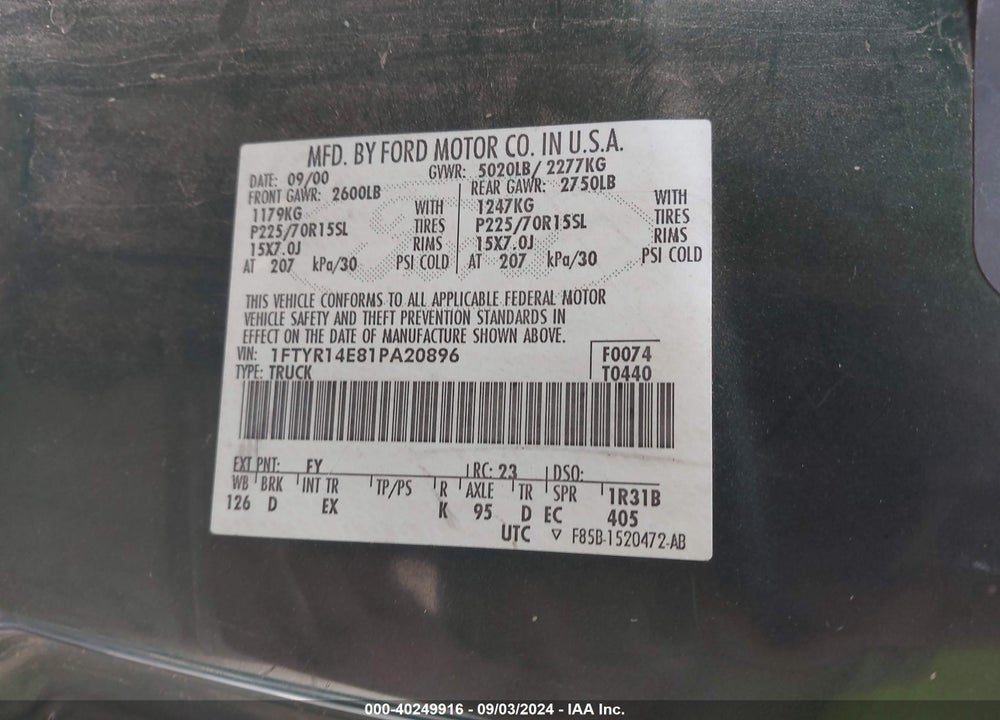 2001 FORD RANGER EDGE/XLT VIN: 1FTYR14E81PA20896