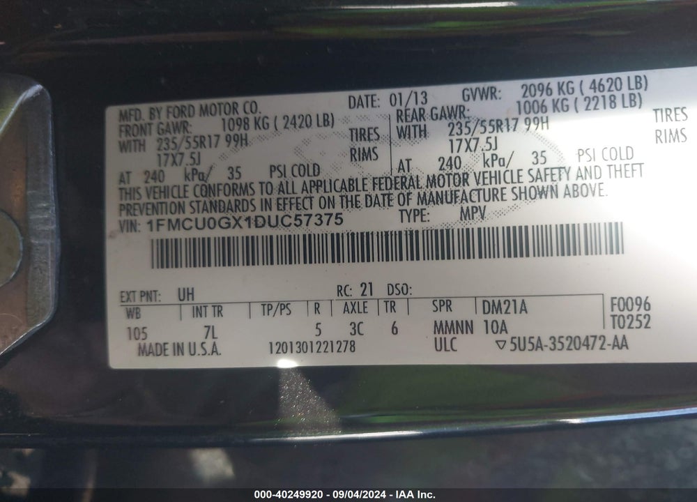 2013 FORD ESCAPE SE VIN: 1FMCU0GX1DUC57375
