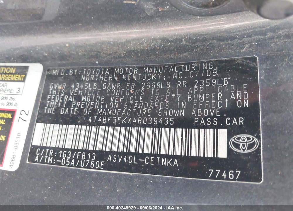 2010 TOYOTA CAMRY LE VIN: 4T4BF3EKXAR039435