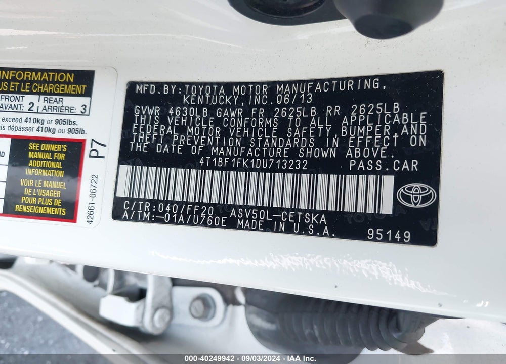 2013 TOYOTA CAMRY SE VIN: 4T1BF1FK1DU713232