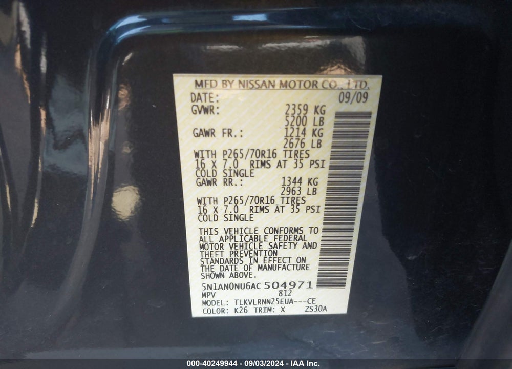2010 NISSAN XTERRA S VIN: 5N1AN0NU6AC504971