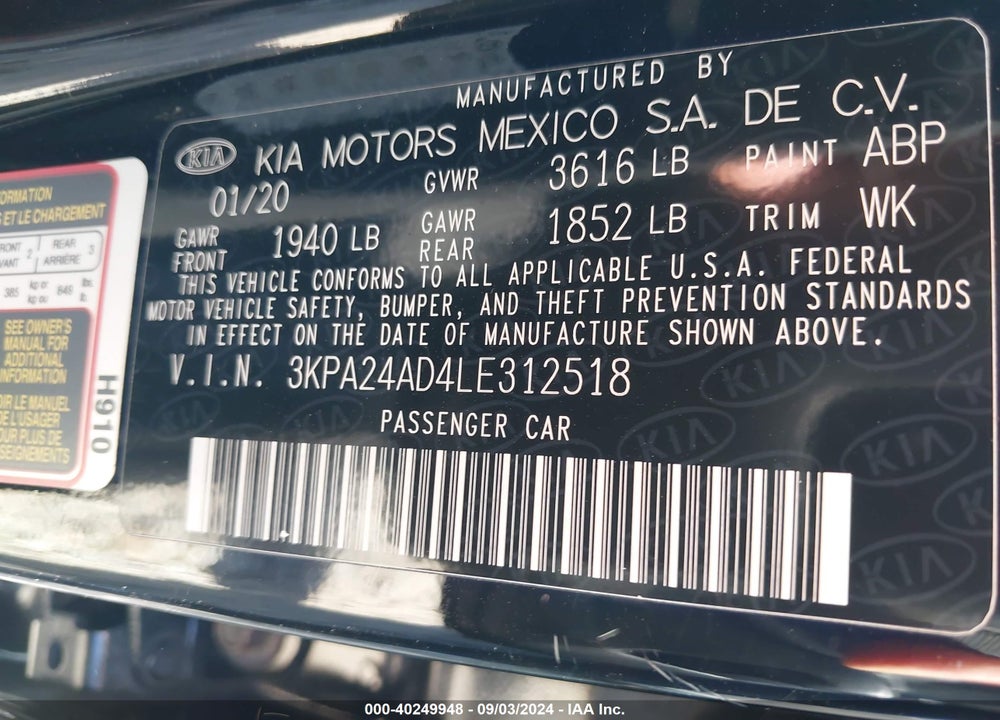 2020 KIA RIO S VIN: 3KPA24AD4LE312518