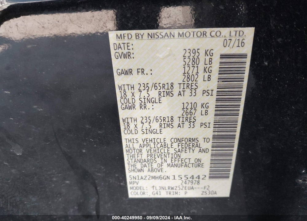 2016 NISSAN MURANO SL VIN: 5N1AZ2MH6GN155442