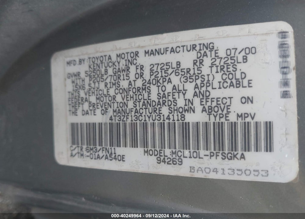 2000 TOYOTA SIENNA LE VIN: 4T3ZF13C1YU314118