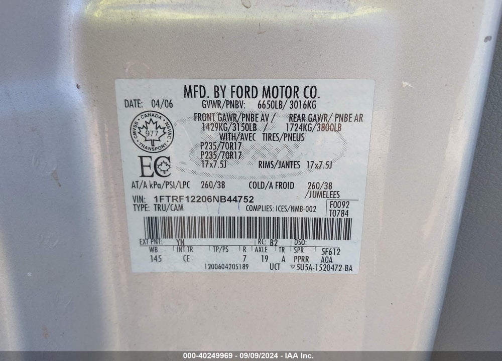 2006 FORD F-150 STX/XL/XLT VIN: 1FTRF12206NB44752