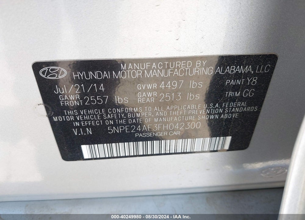 2015 HYUNDAI SONATA SE VIN: 5NPE24AF3FH042300