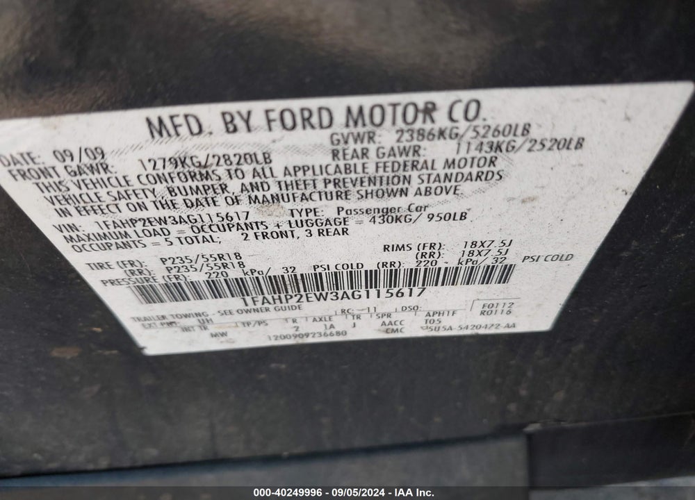 2010 FORD TAURUS SEL VIN: 1FAHP2EW3AG115617