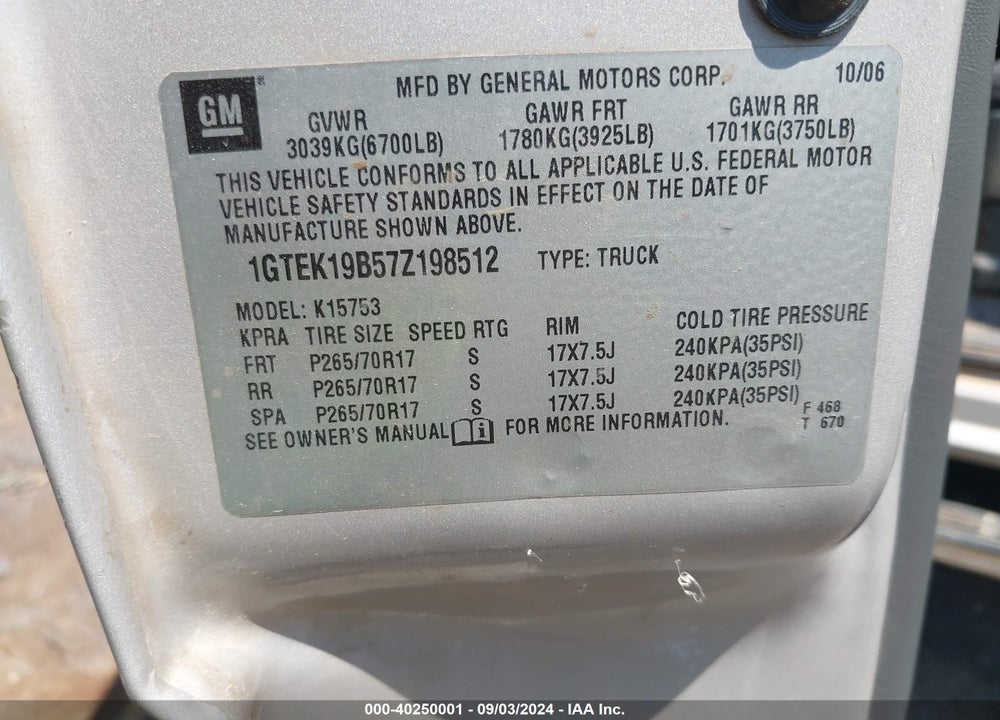 2007 GMC SIERRA 1500 CLASSIC SLE1 VIN: 1GTEK19B57Z198512