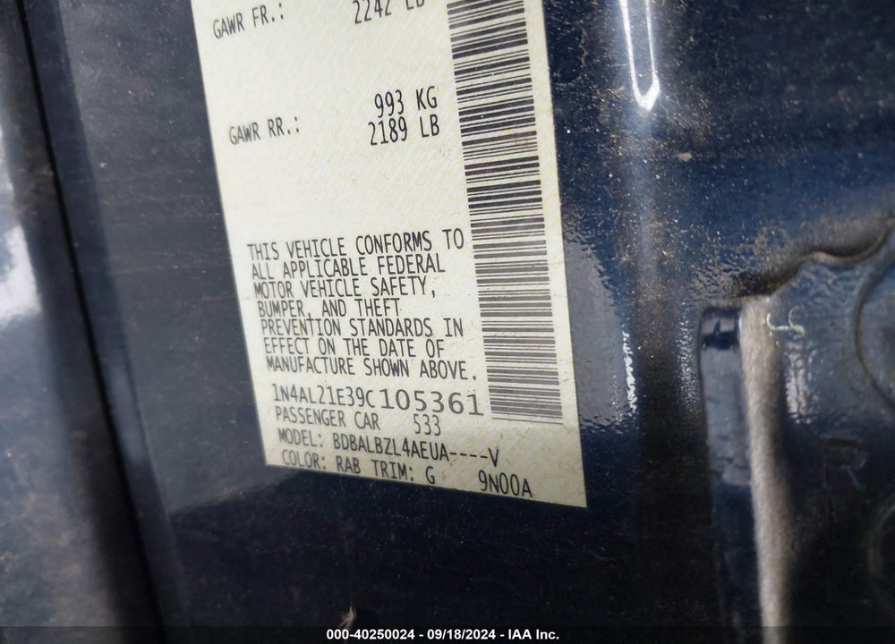 2009 NISSAN ALTIMA 2.5 S VIN: 1N4AL21E39C105361