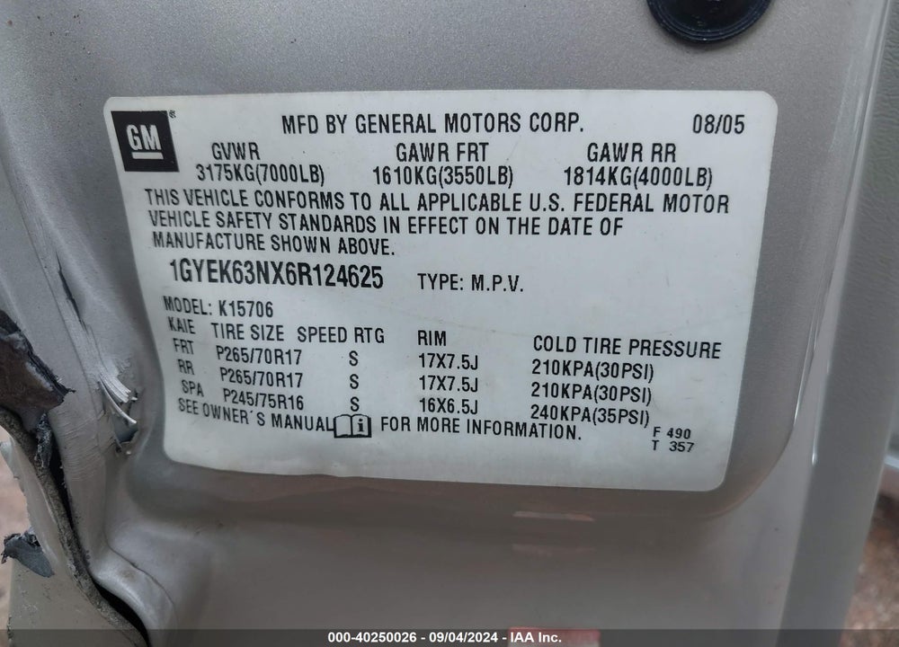 2006 CADILLAC ESCALADE STANDARD VIN: 1GYEK63NX6R124625